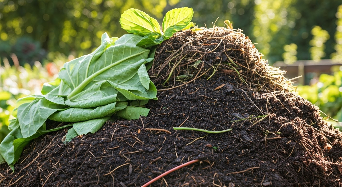 Vibrant compost pile in garden.