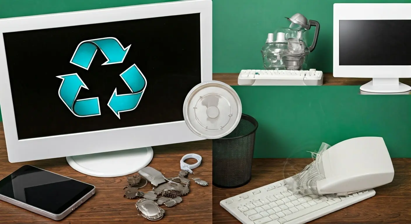 Collage of e-waste items and recycling