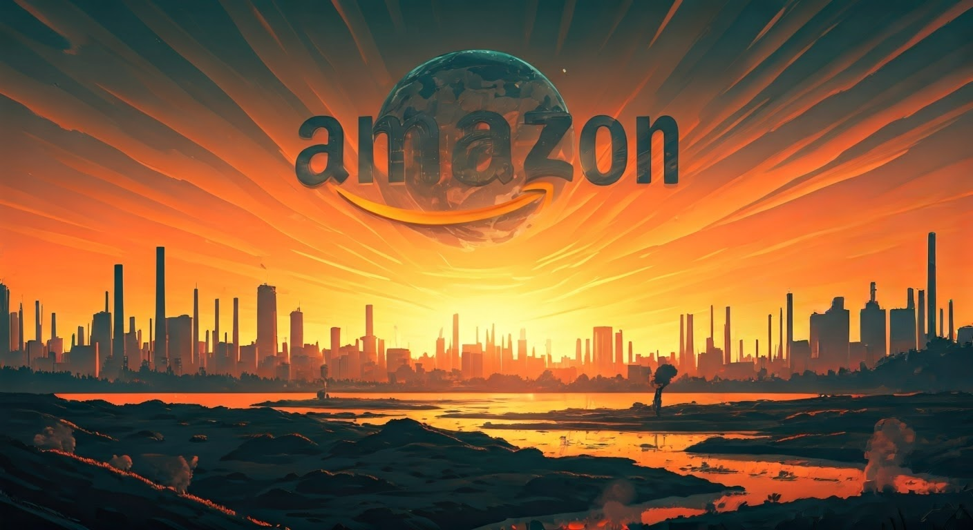 Amazon logo over polluted landscape