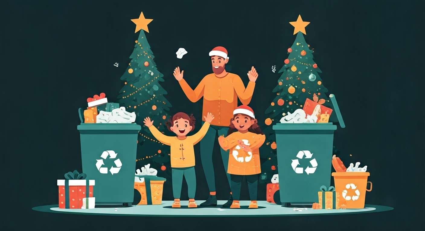 Family recycling holiday waste