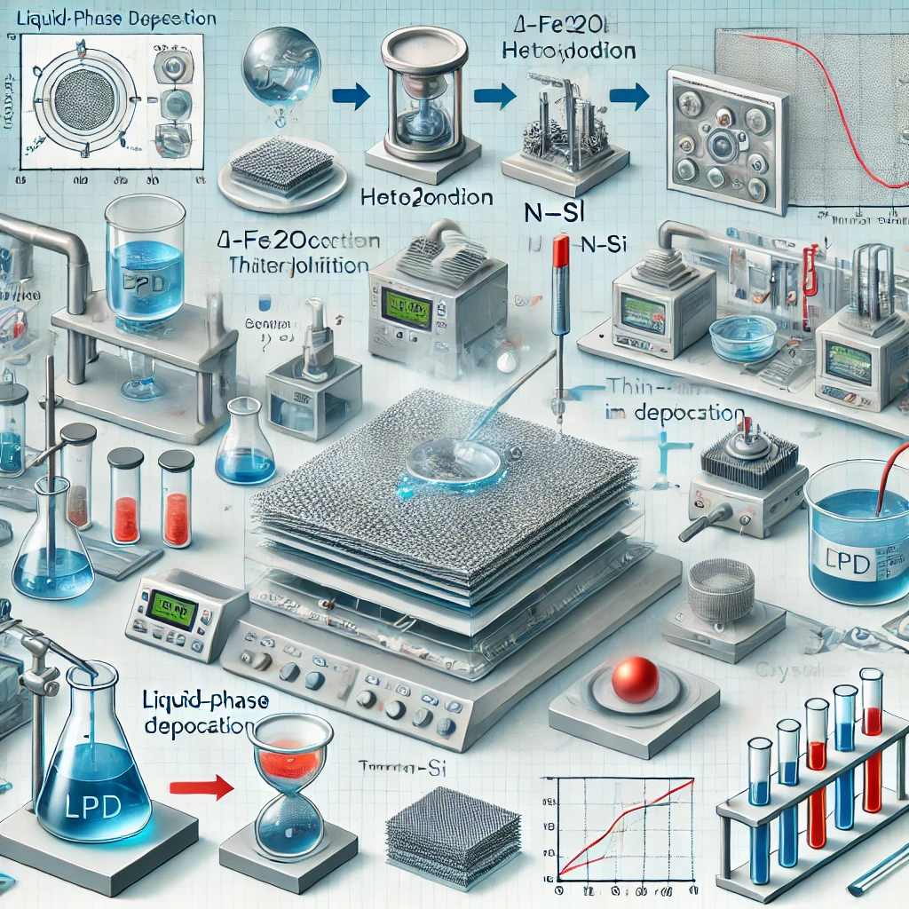 Here's an image illustrating the fabrication process of the α-Fe₂O₃/n-Si heterojunction thin-film photoanodes using the LPD method