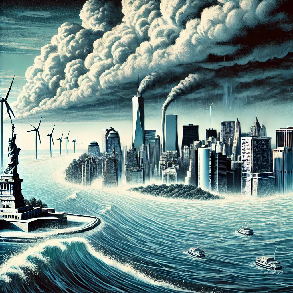 A dramatic portrayal of New York City impacted by climate change, showcasing rising seawater, storm clouds, and wind turbines symbolizing renewable energy efforts.