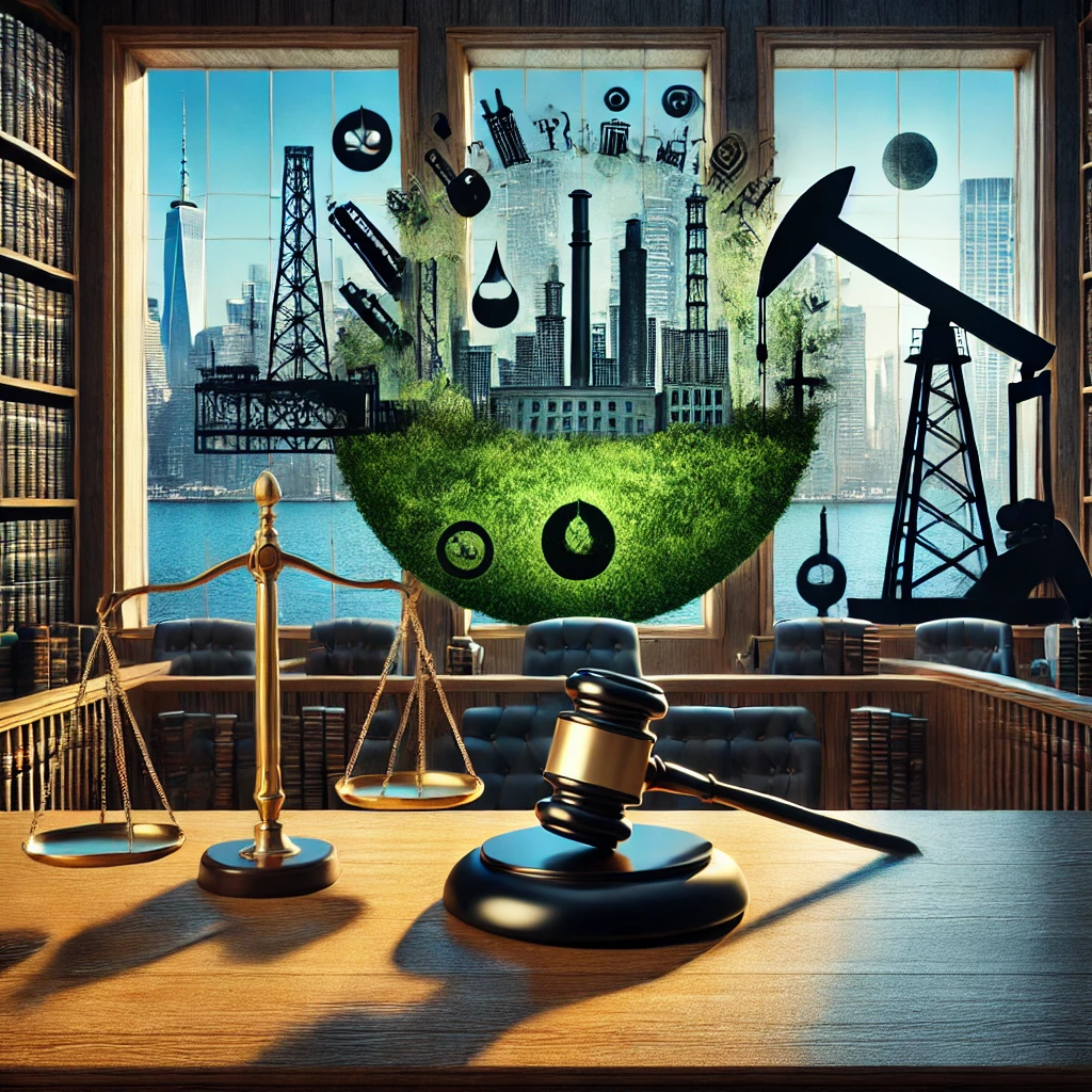 A courtroom-themed representation emphasizing New York's legal stance against fossil fuel companies, blending justice symbols with a green cityscape.