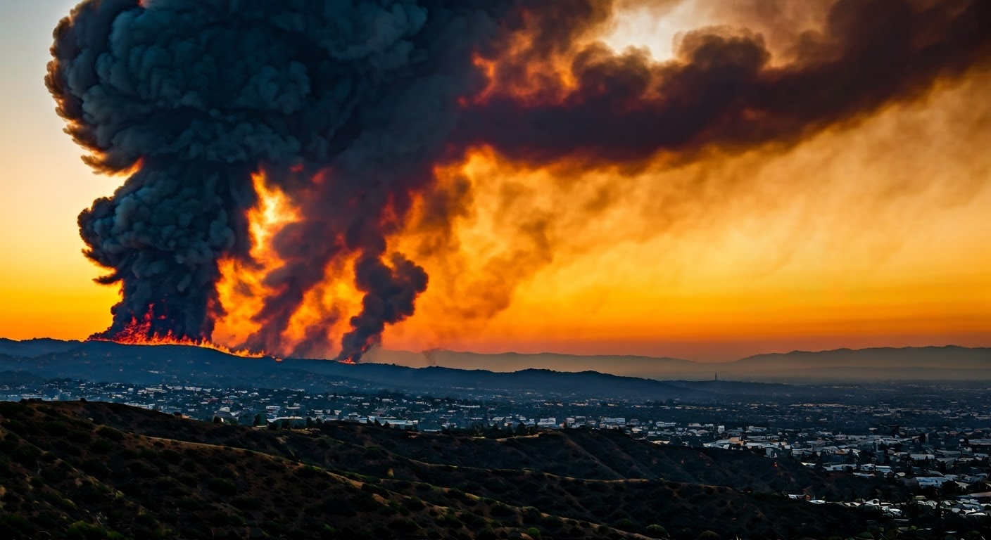 Los Angeles wildfire at sunset